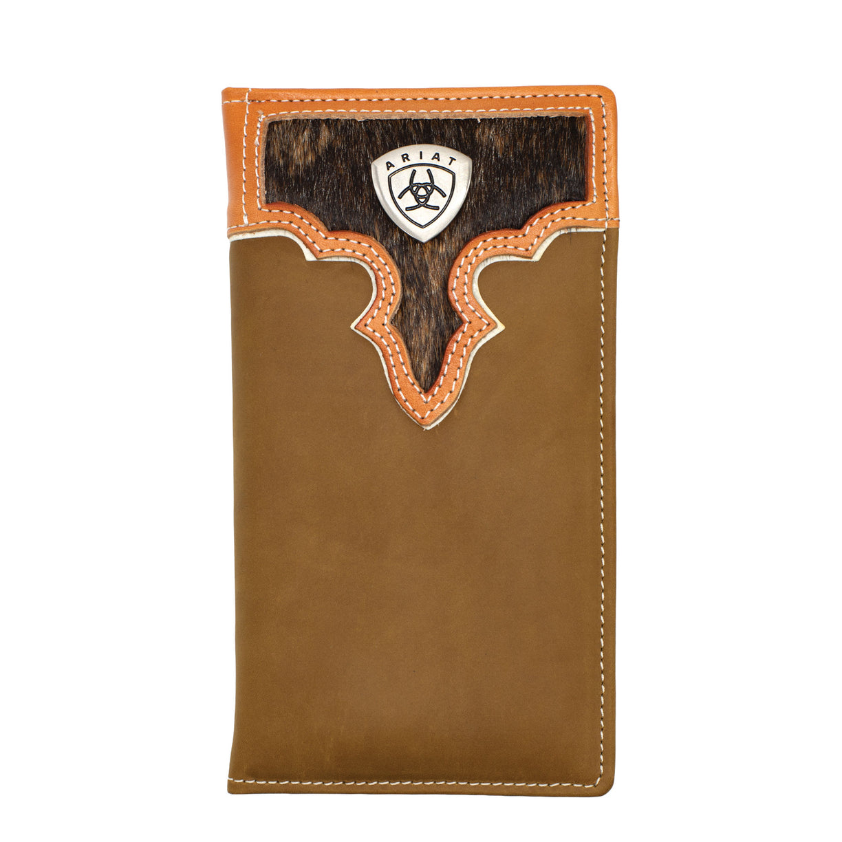 Brown leather wallet with a hair on flap and brand logo on a white background