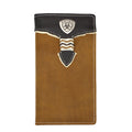 Brown leather wallet with black top section on a white background