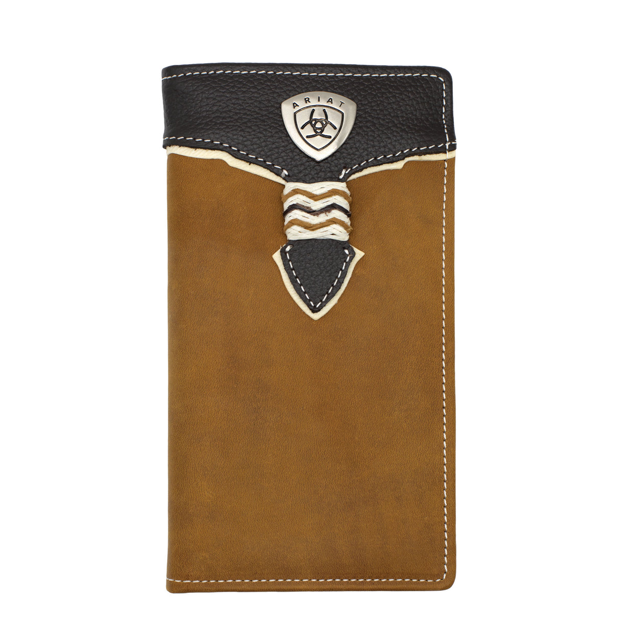 Brown leather wallet with black top section on a white background