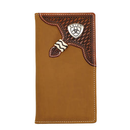 Brown leather wallet with decorative elements on a white background