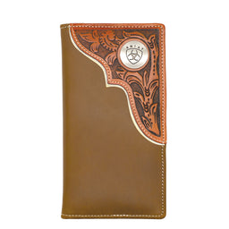 Brown leather wallet with red tooled edge and silver emblem on a white background