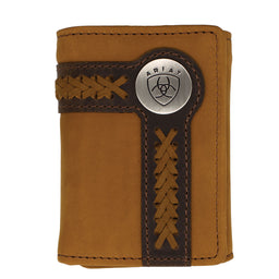 Brown leather wallet with braided design and Ariat logo on a white background
