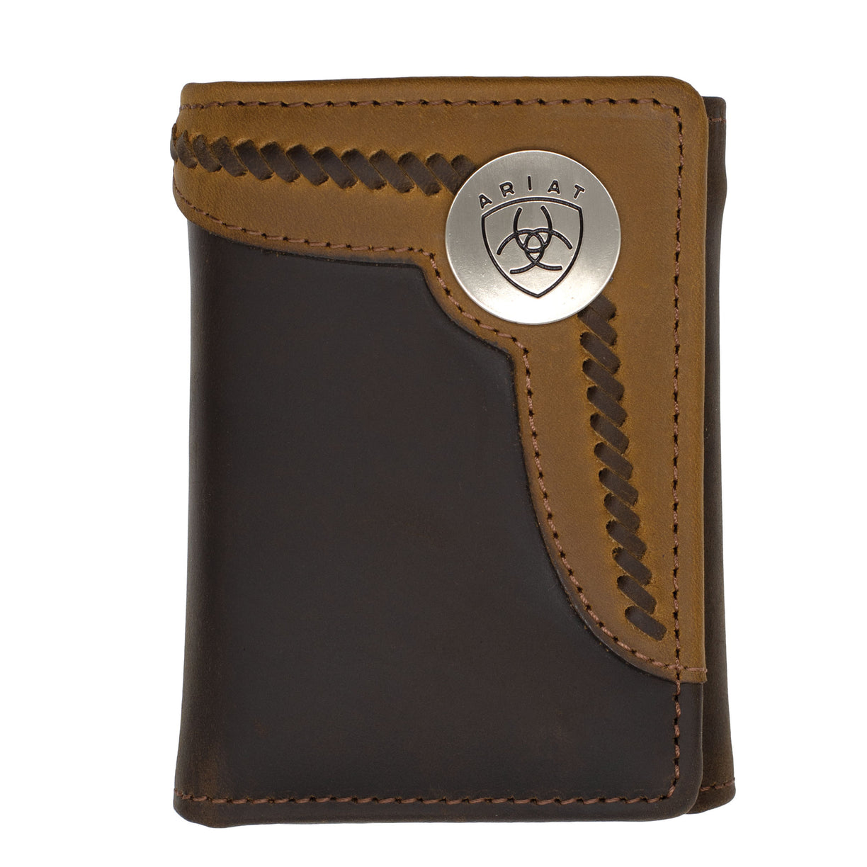 Brown leather wallet with Ariat logo on a white background