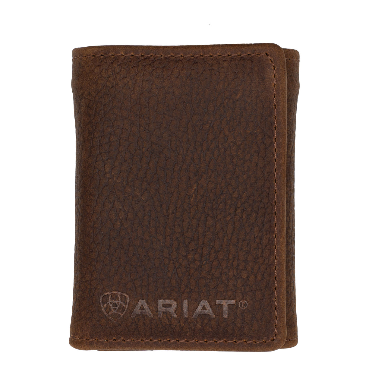 Brown leather wallet with Ariat logo on a white background