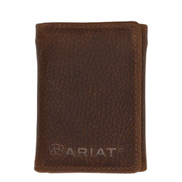 Brown leather wallet with Ariat logo on a white background