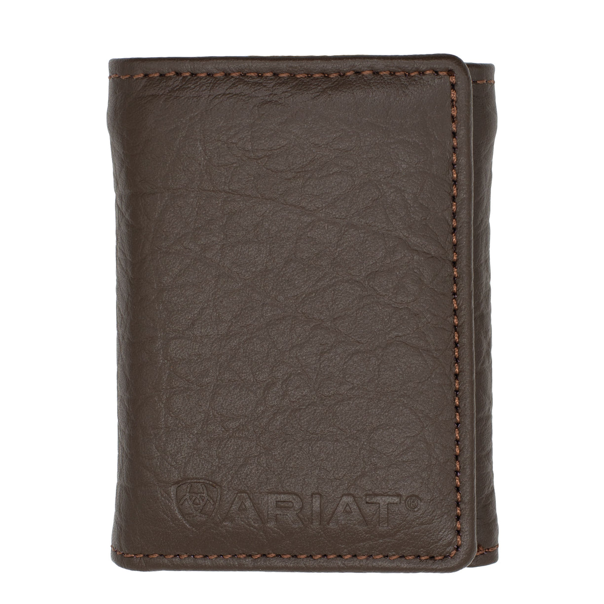 Brown leather wallet with Ariat logo on a white background