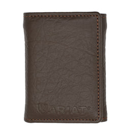 Brown leather wallet with Ariat logo on a white background