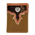 Brown leather wallet with wooden back and Ariat logo on a white background