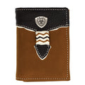 Brown leather wallet with Ariat logo on a white background