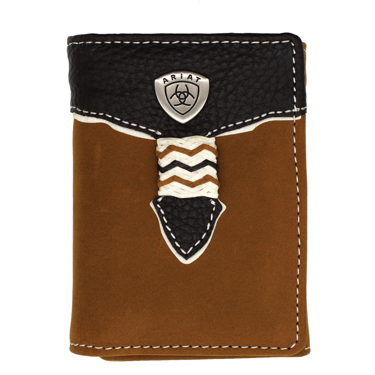Brown leather wallet with Ariat logo on a white background
