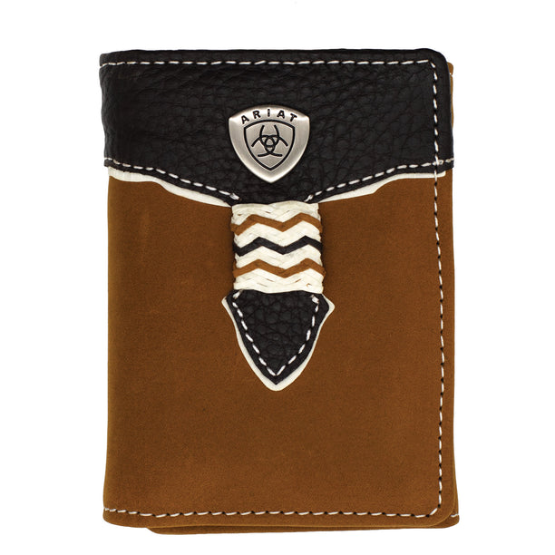 Brown leather wallet with Ariat logo on a white background