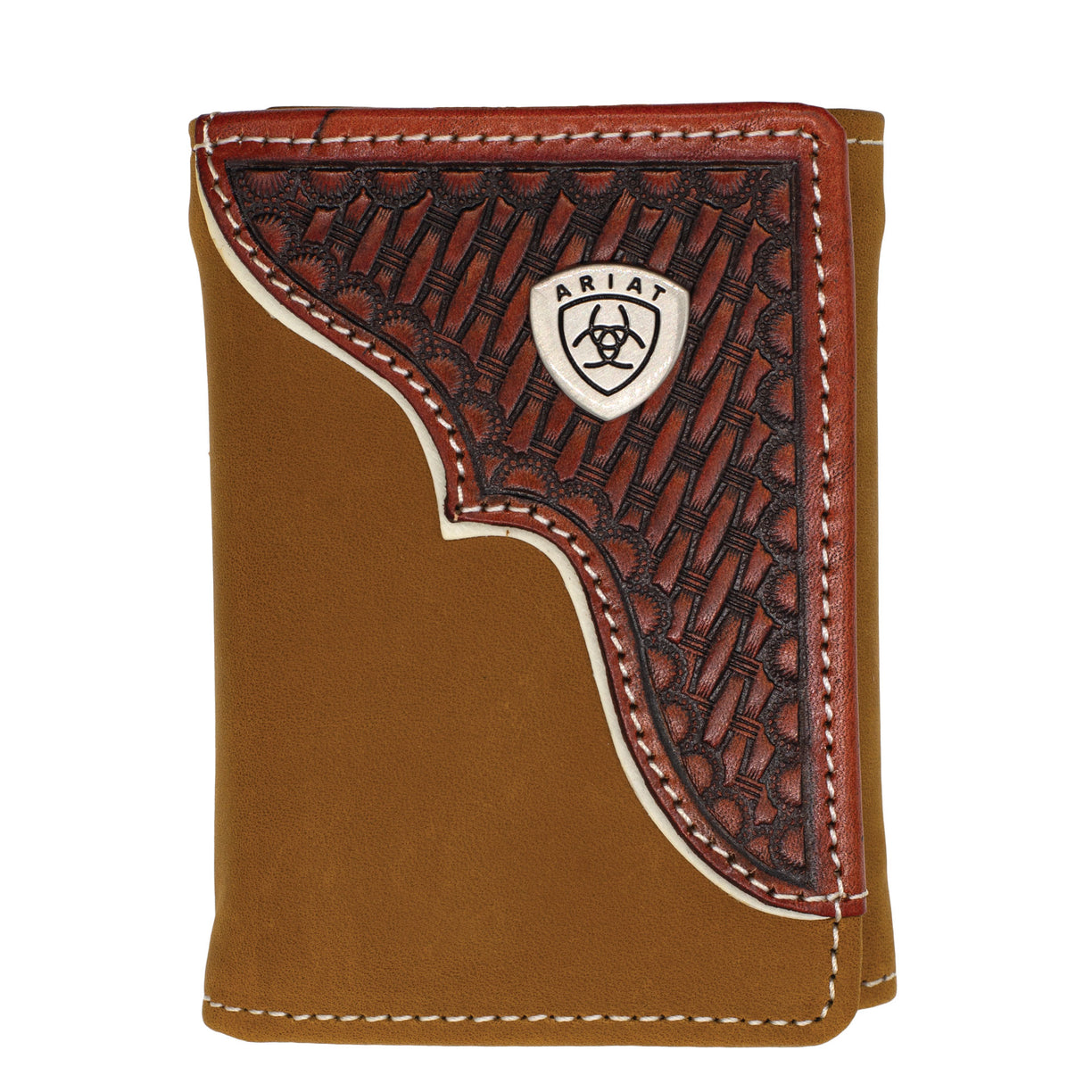 Brown leather wallet with intricate stitching and a brand logo on a white background