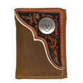 Brown leather wallet with intricate designs and Ariat logo on a white background