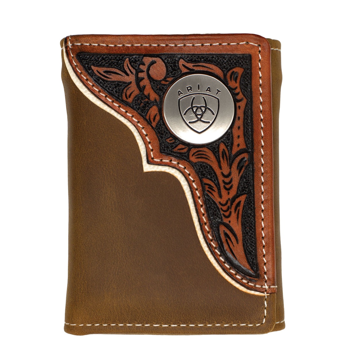 Brown leather wallet with intricate designs and Ariat logo on a white background