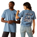 Two people wearing light blue t-shirts with graphics and text on a white background