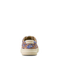 Brown shoe with blue floral pattern on a white background