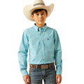 Child wearing a blue checkered shirt, jeans, and a cowboy hat on a white background