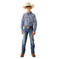 Person wearing a plaid shirt, jeans, and cowboy hat on a white background