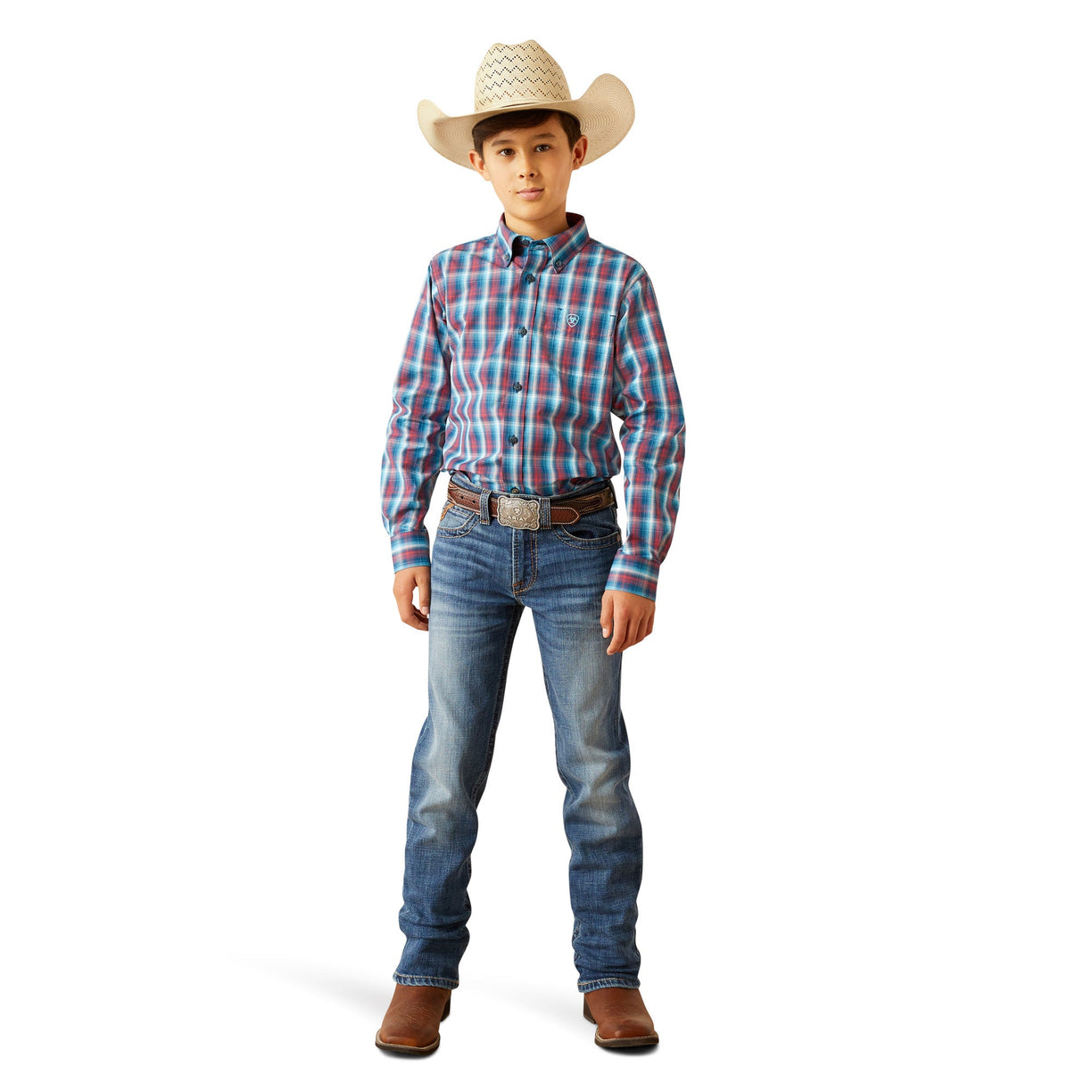 Person wearing a plaid shirt, jeans, and cowboy hat on a white background