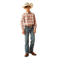 Person wearing a plaid shirt, jeans, and cowboy hat on a white background
