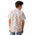 Child wearing a colorful patterned shirt on a white background