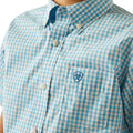 Blue and white checkered shirt with a logo on a white background