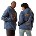 Two people wearing blue hoodies with text on a white background