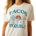 White t-shirt with 'Tacos & Tequila' graphic design on a white background