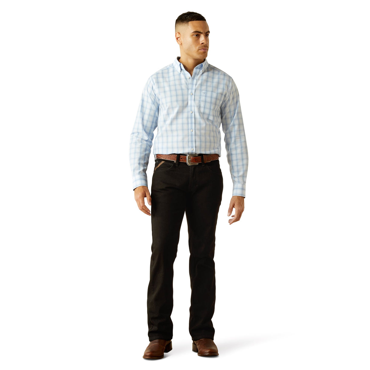 Man wearing a checkered shirt, black pants, and brown shoes on a white background
