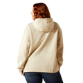 Person wearing a beige hoodie from behind on a white background