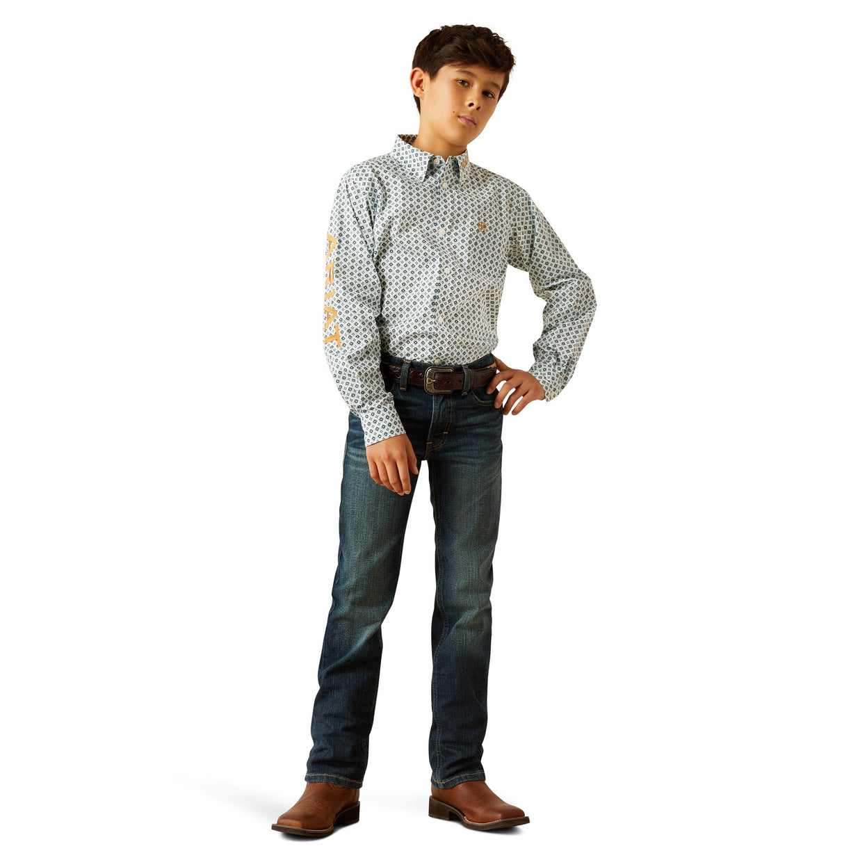 Person wearing a patterned shirt, jeans, and brown shoes on a white background