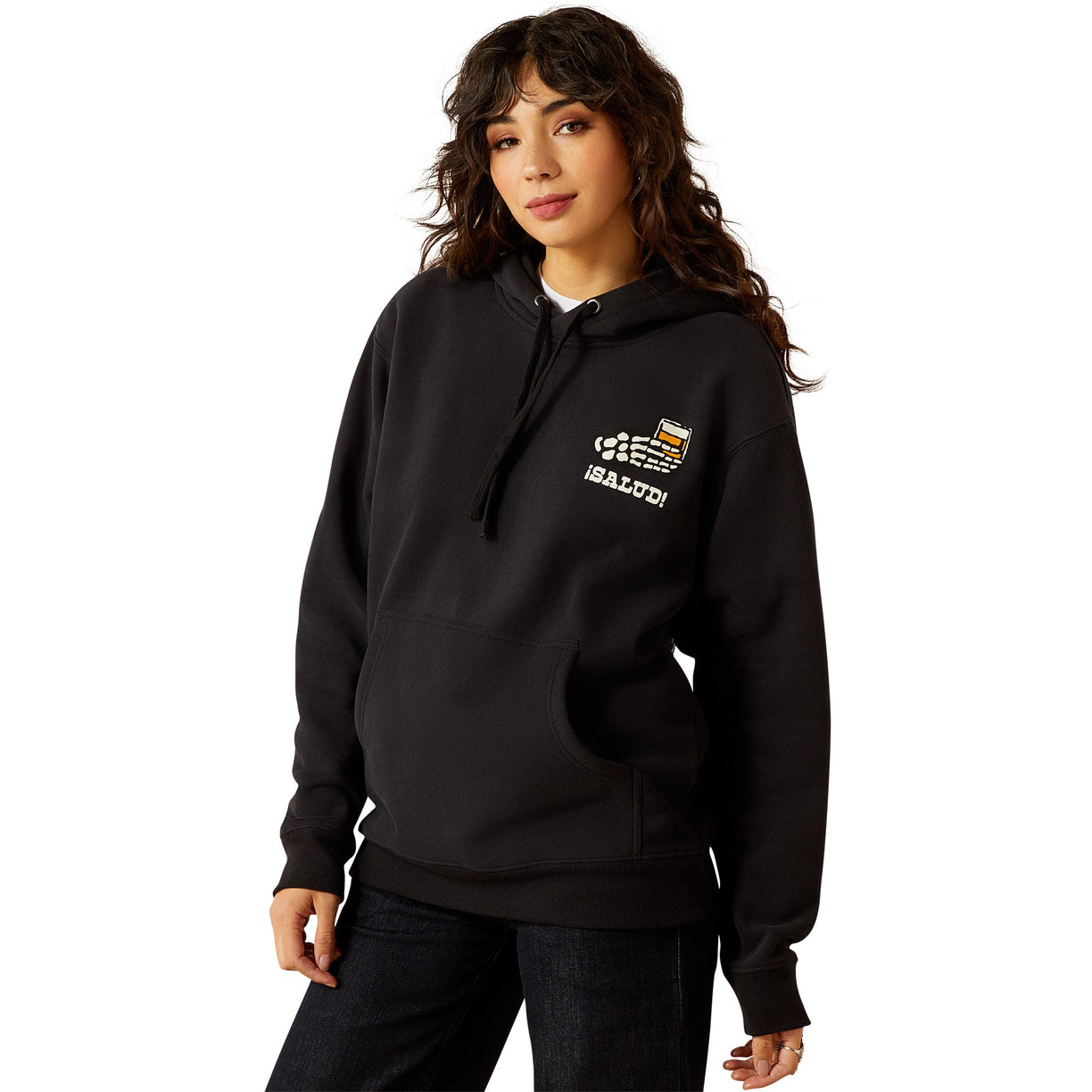 Person wearing a black hoodie with a logo on a white background