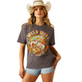Woman wearing a gray t-shirt with a 'Wild West' design and a cowboy hat on a white background