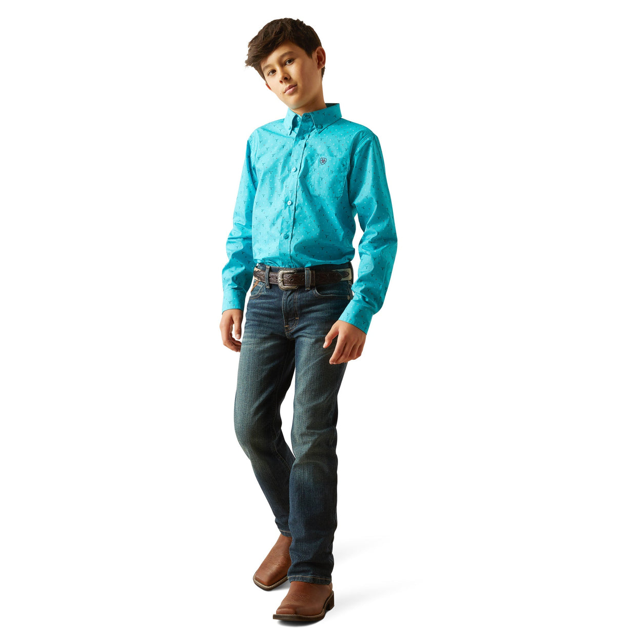 Person wearing a turquoise shirt and blue jeans on a white background