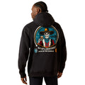 Person wearing a black hoodie with a colorful graphic on the back, featuring a skeleton in a cowboy hat and boots.