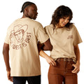 Two people wearing beige t-shirts with text and graphics on a white background