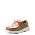 Brown boat shoe with red laces on a white background