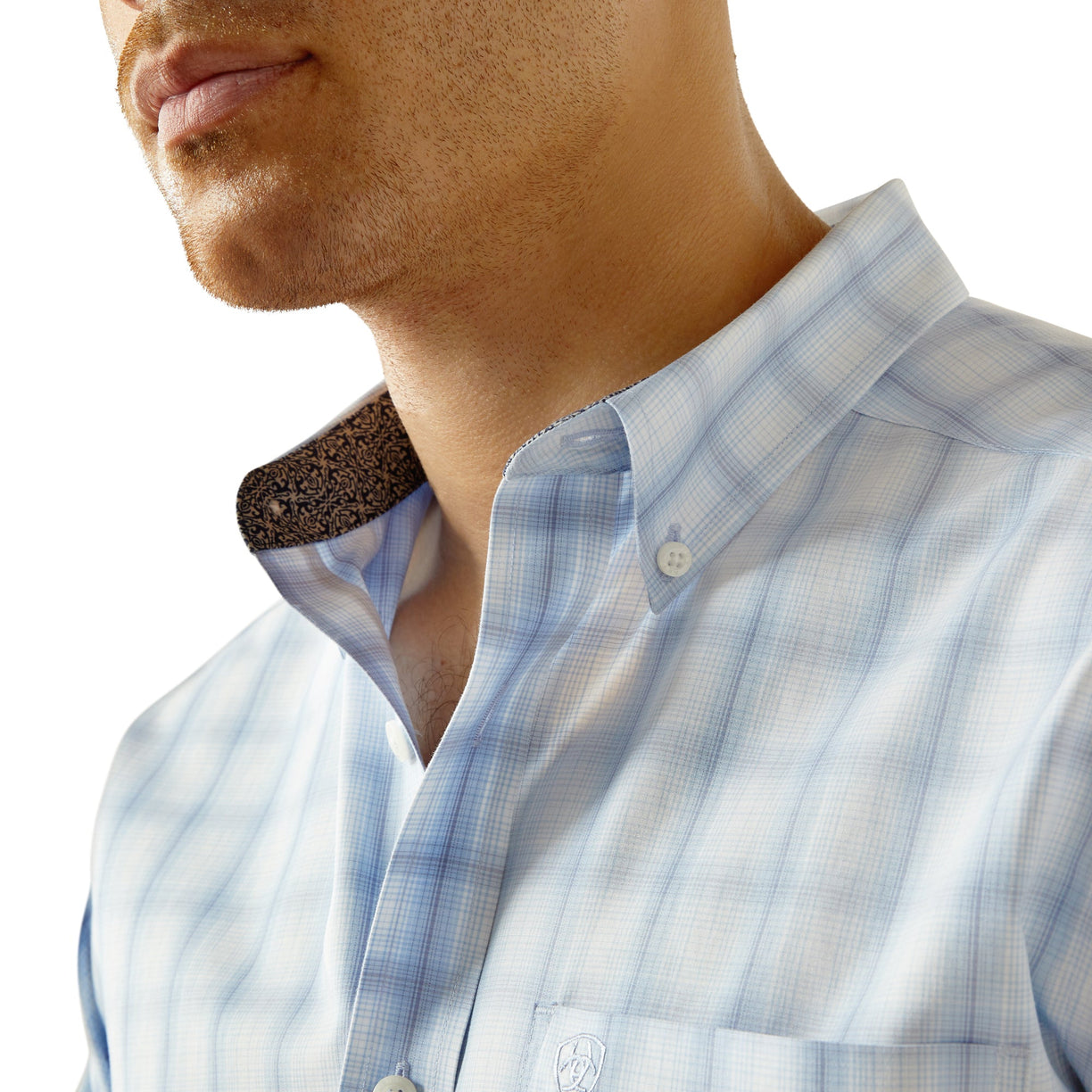Close-up of a man wearing a blue checkered shirt with a collar.