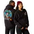 Two people wearing black hoodies with visible designs on a white background