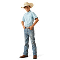 Person wearing a light blue checkered shirt, jeans, and a cowboy hat on a white background