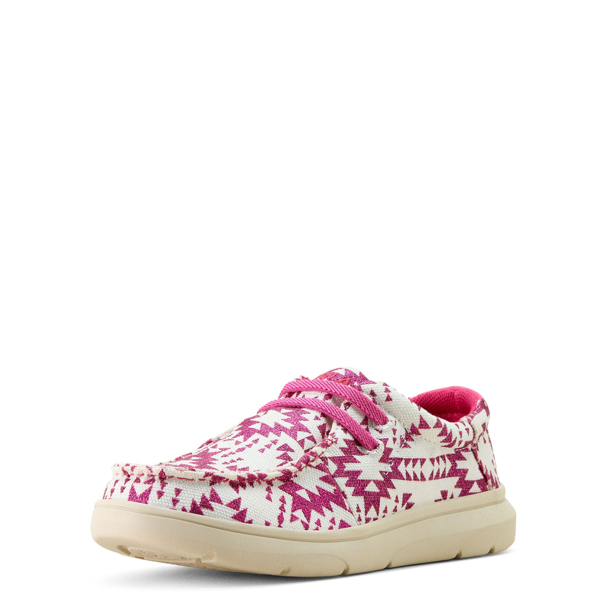 Pink and white patterned sneaker on a white background