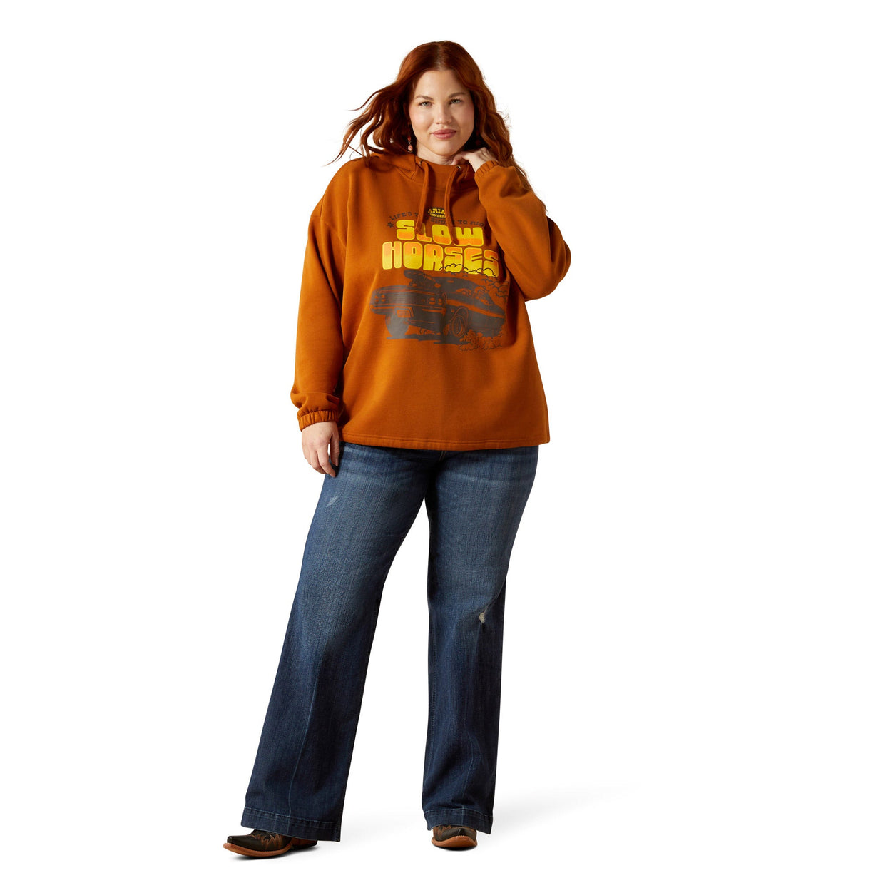 Woman wearing a brown hoodie with text and graphics on a white background