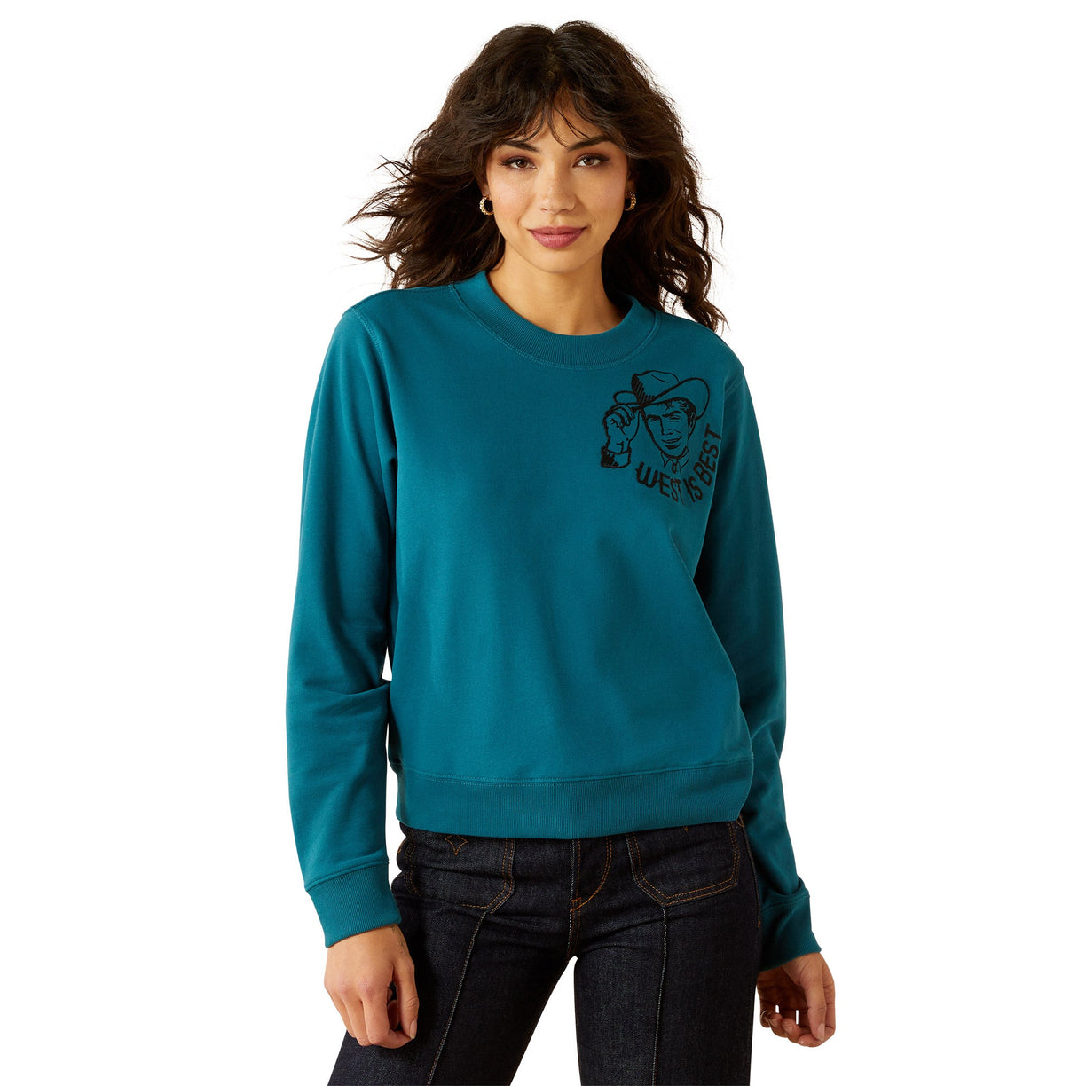 Woman wearing a teal sweatshirt with a graphic design on a white background