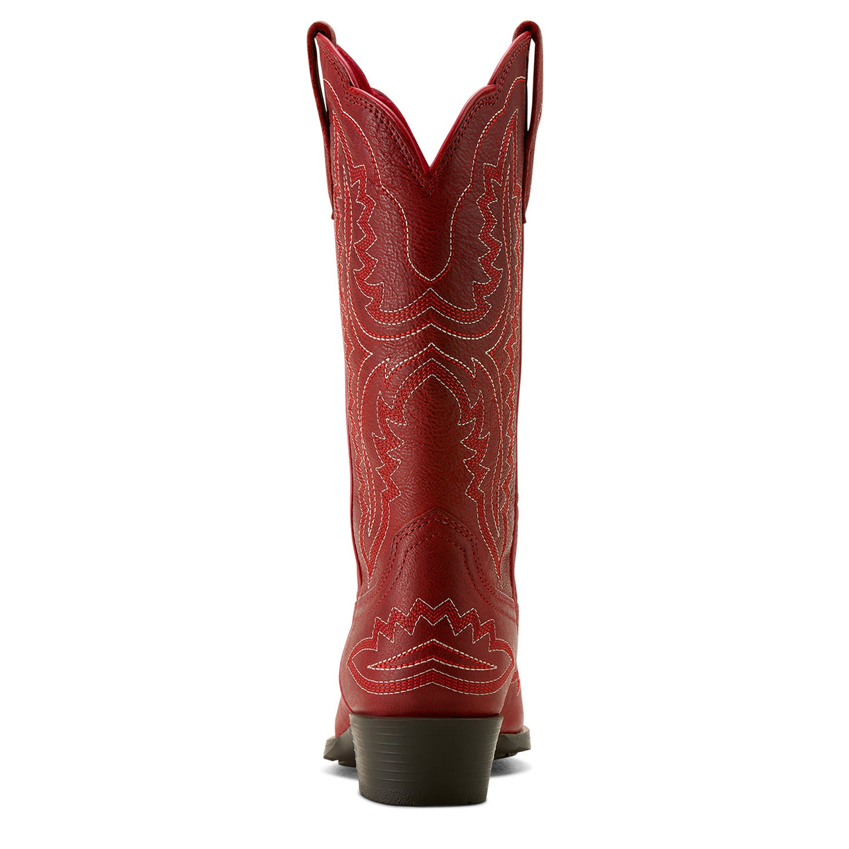 Red cowboy boot with intricate stitching on a white background