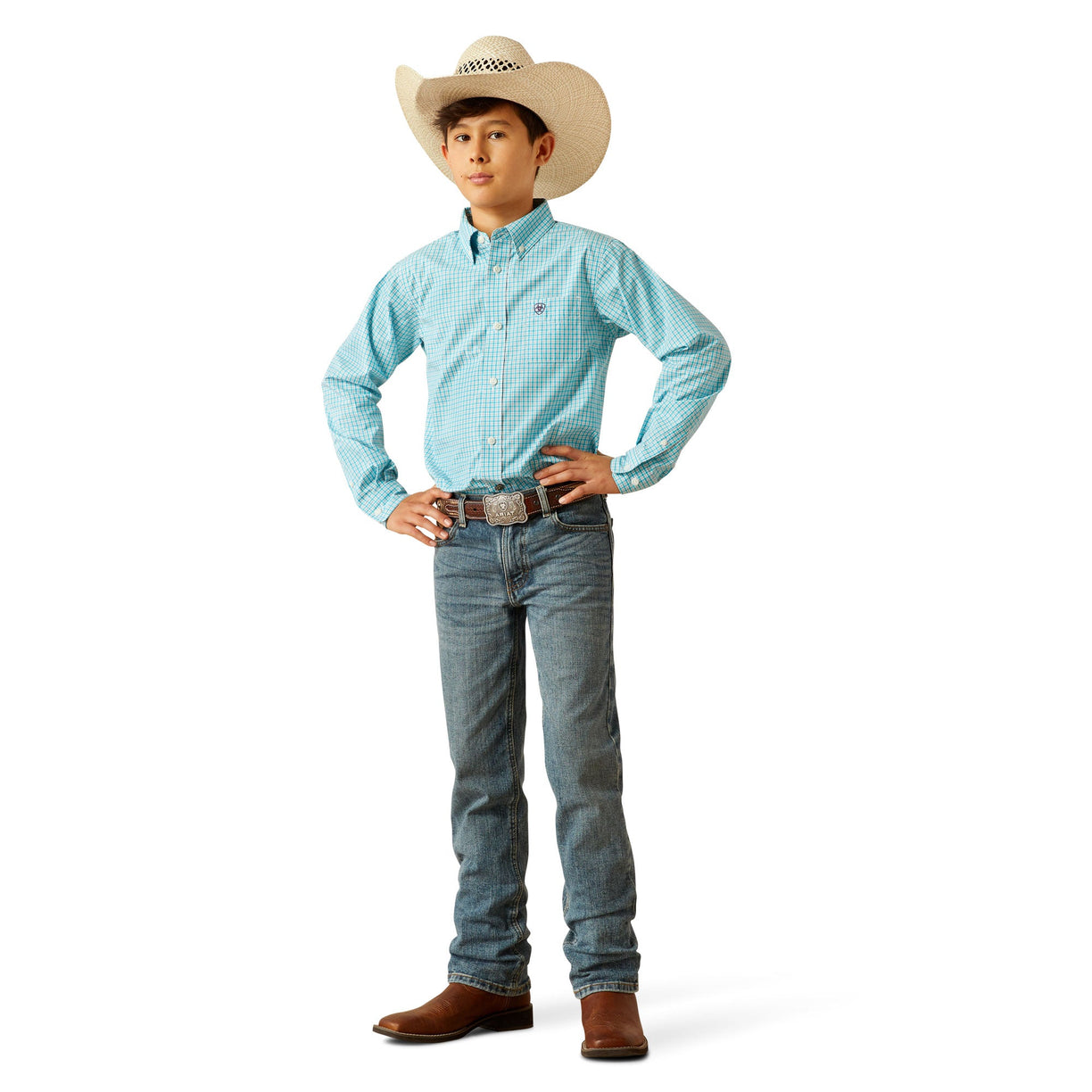 Person wearing a light blue checkered shirt, jeans, and a cowboy hat on a white background