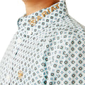Patterned shirt with brand logo on a white background