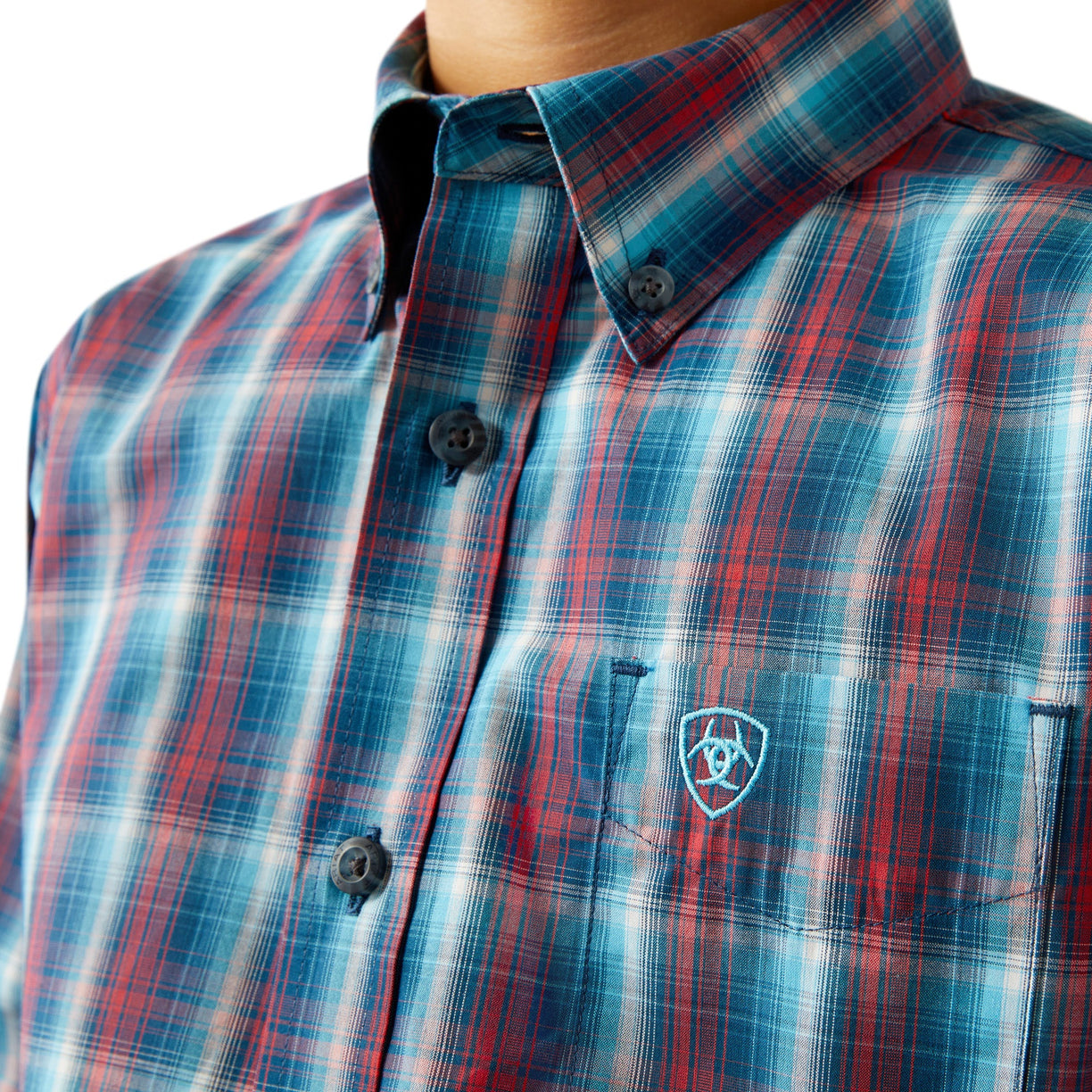 Plaid shirt with a brand logo on a white background