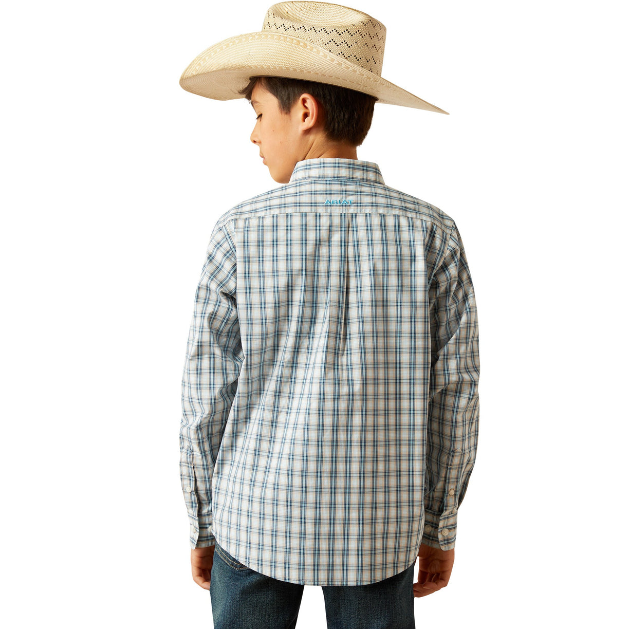 Child wearing a plaid shirt and cowboy hat on a white background