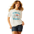Woman wearing a white t-shirt with 'Taco & Tequila' graphic design on a white background