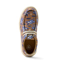 Brown shoe with blue floral pattern on a white background